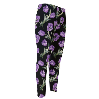 Purple Watercolor Tulip Pattern Print Men's Compression Pants