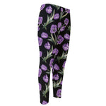 Purple Watercolor Tulip Pattern Print Men's Compression Pants