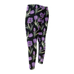 Purple Watercolor Tulip Pattern Print Men's Compression Pants