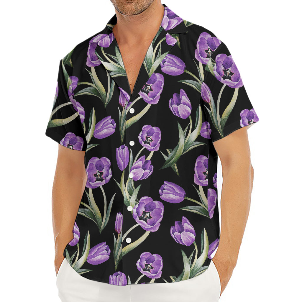 Purple Watercolor Tulip Pattern Print Men's Deep V-Neck Shirt