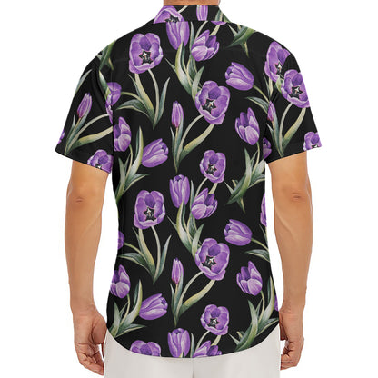 Purple Watercolor Tulip Pattern Print Men's Deep V-Neck Shirt