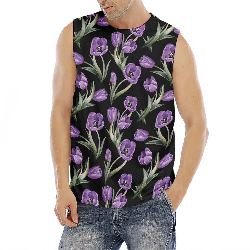 Purple Watercolor Tulip Pattern Print Men's Fitness Tank Top