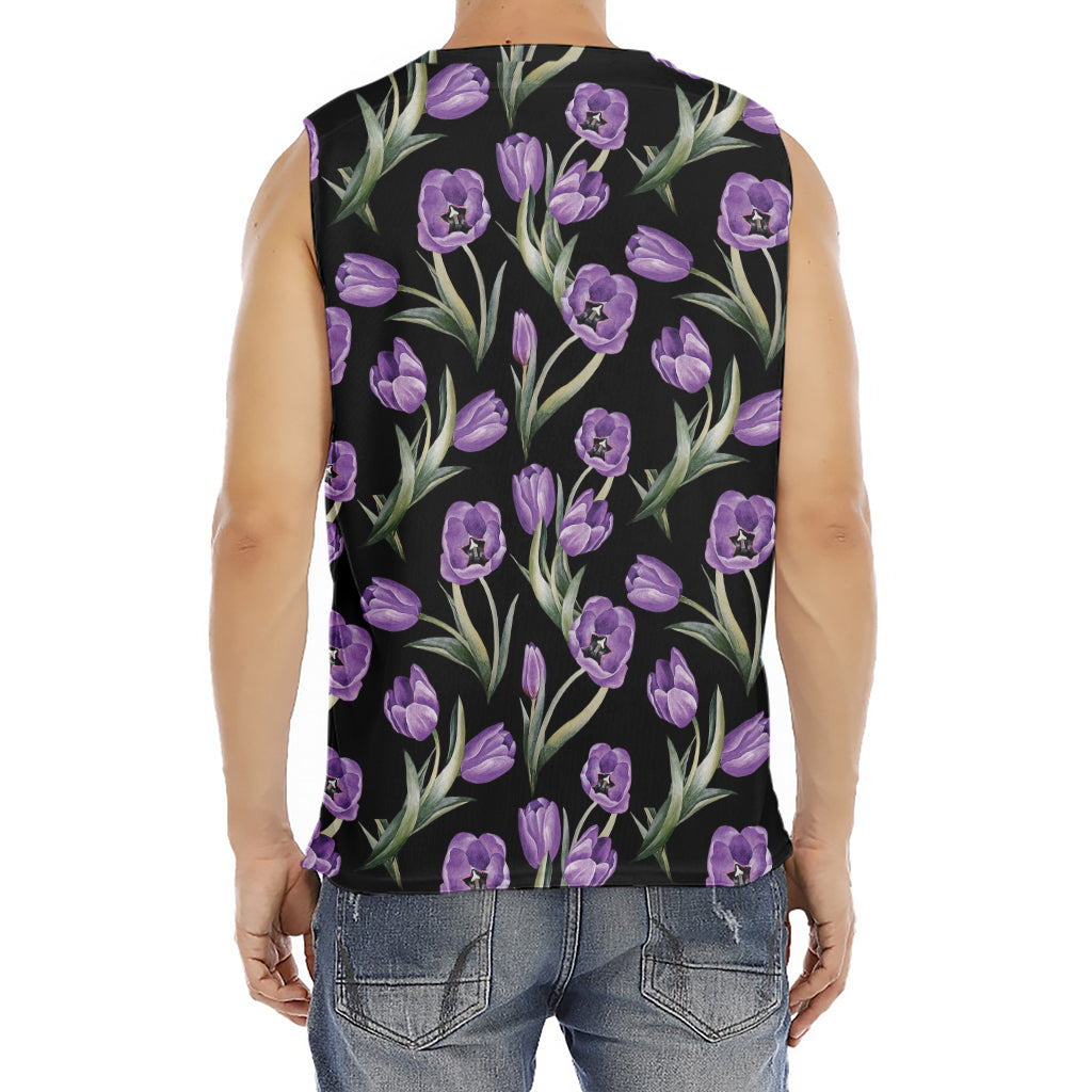 Purple Watercolor Tulip Pattern Print Men's Fitness Tank Top