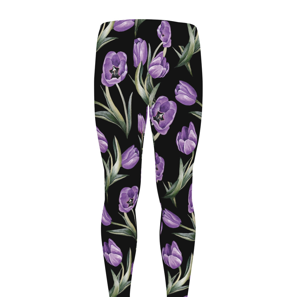 Purple Watercolor Tulip Pattern Print Men's leggings