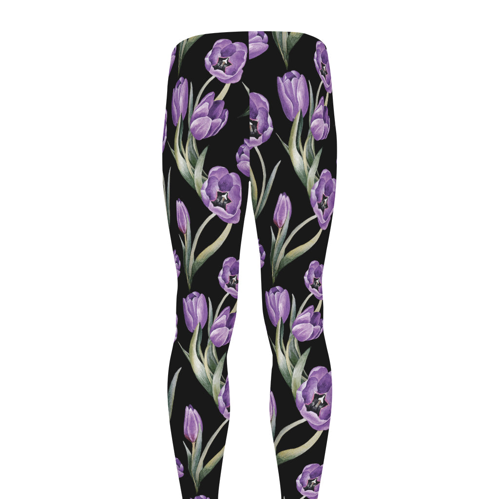 Purple Watercolor Tulip Pattern Print Men's leggings