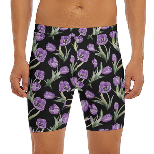 Purple Watercolor Tulip Pattern Print Men's Long Boxer Briefs