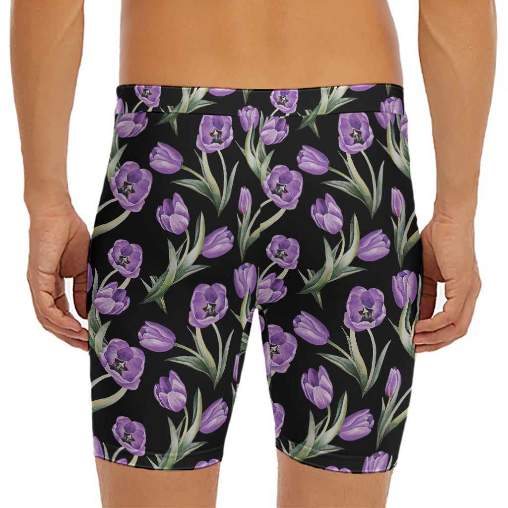 Purple Watercolor Tulip Pattern Print Men's Long Boxer Briefs
