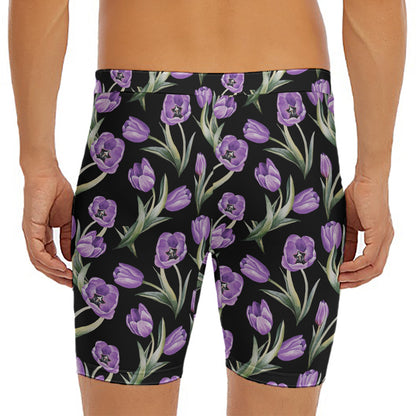 Purple Watercolor Tulip Pattern Print Men's Long Boxer Briefs