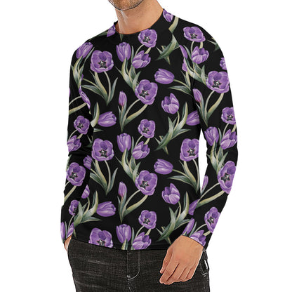 Purple Watercolor Tulip Pattern Print Men's Long Sleeve Rash Guard