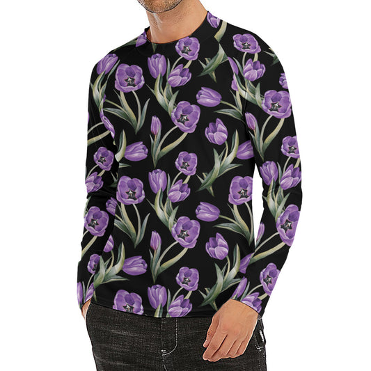 Purple Watercolor Tulip Pattern Print Men's Long Sleeve Rash Guard
