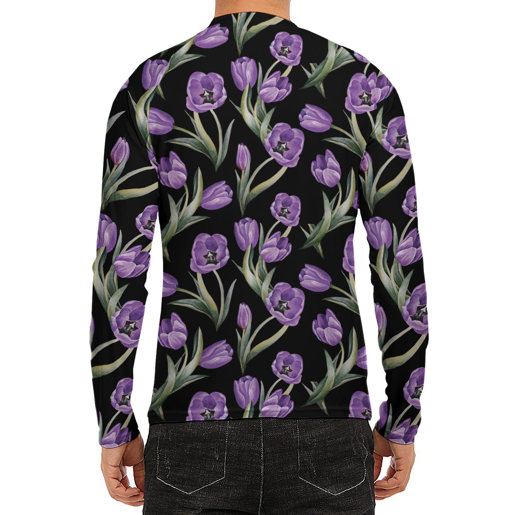 Purple Watercolor Tulip Pattern Print Men's Long Sleeve Rash Guard