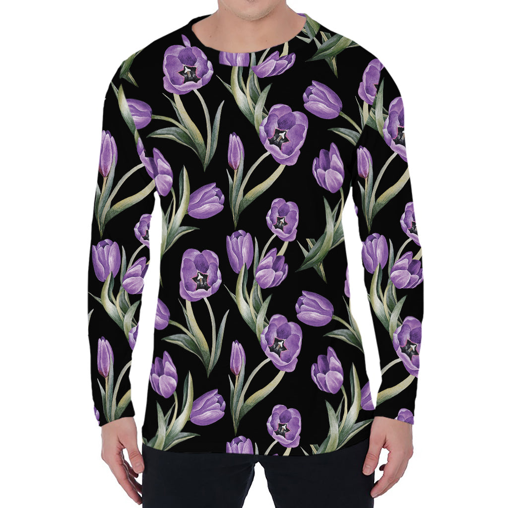 Purple Watercolor Tulip Pattern Print Men's Long Sleeve T-Shirt