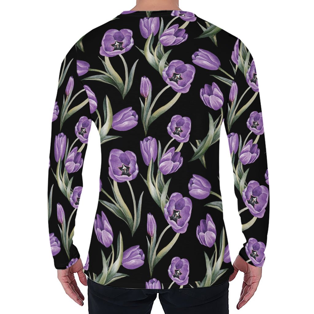 Purple Watercolor Tulip Pattern Print Men's Long Sleeve T-Shirt