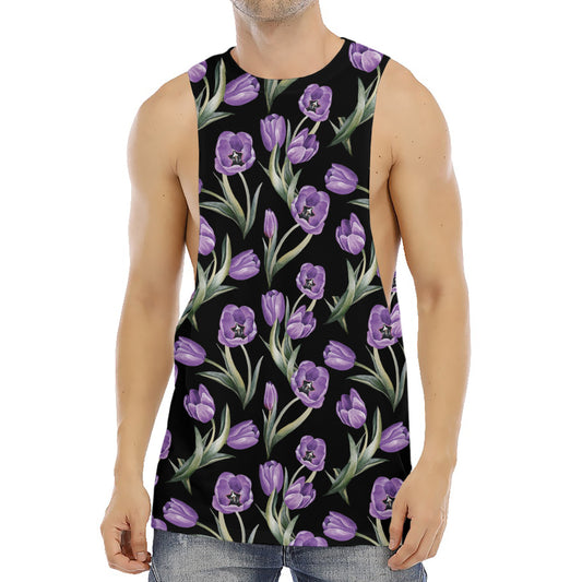 Purple Watercolor Tulip Pattern Print Men's Muscle Tank Top