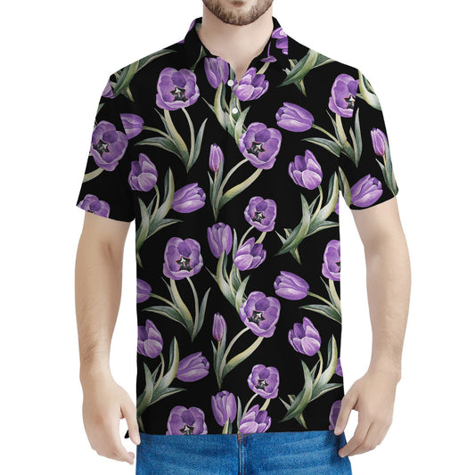 Purple Watercolor Tulip Pattern Print Men's Polo Shirt