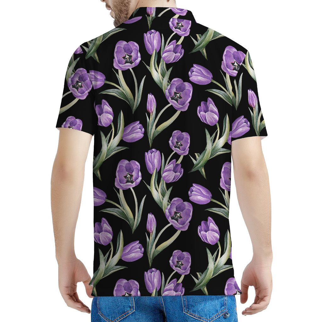 Purple Watercolor Tulip Pattern Print Men's Polo Shirt