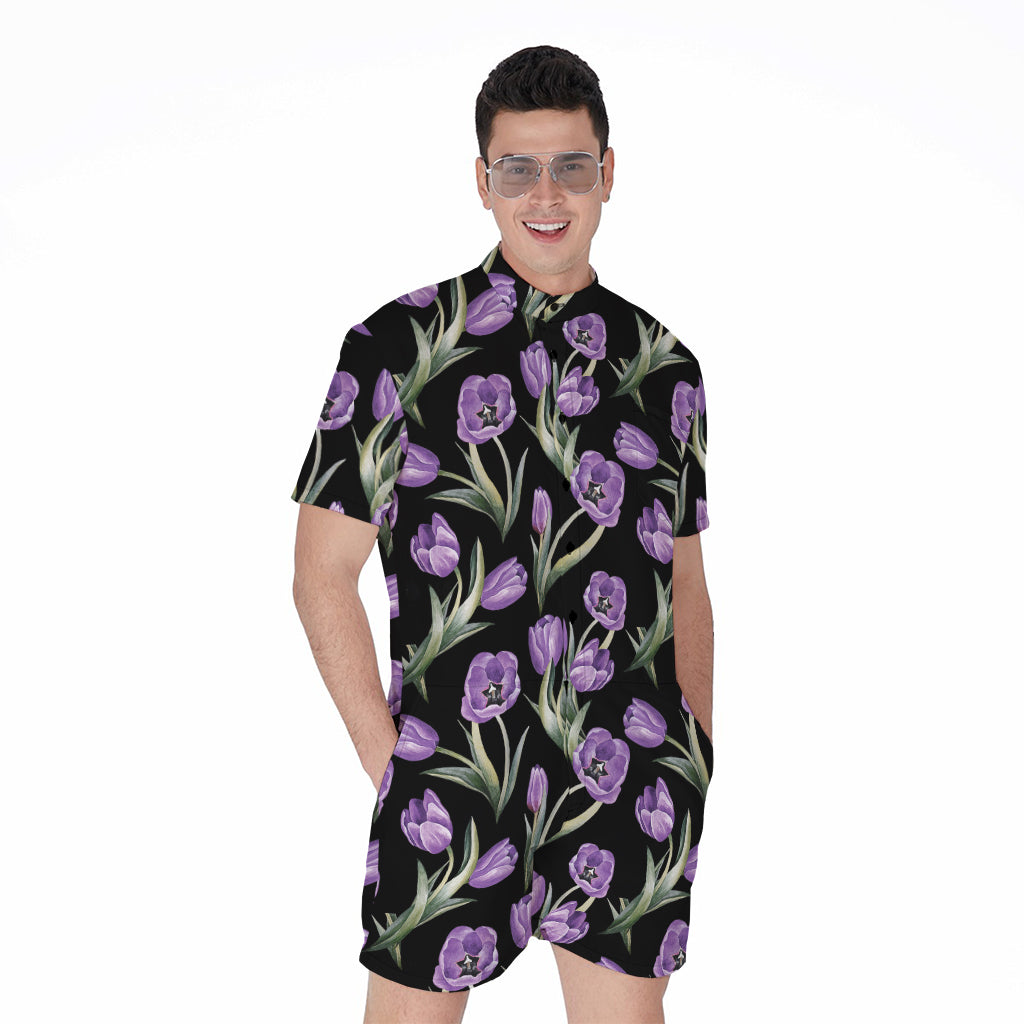 Purple Watercolor Tulip Pattern Print Men's Rompers