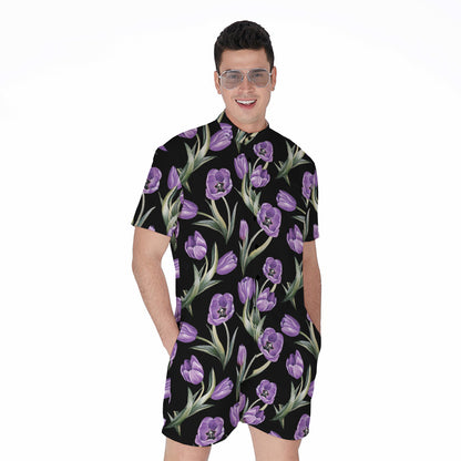 Purple Watercolor Tulip Pattern Print Men's Rompers