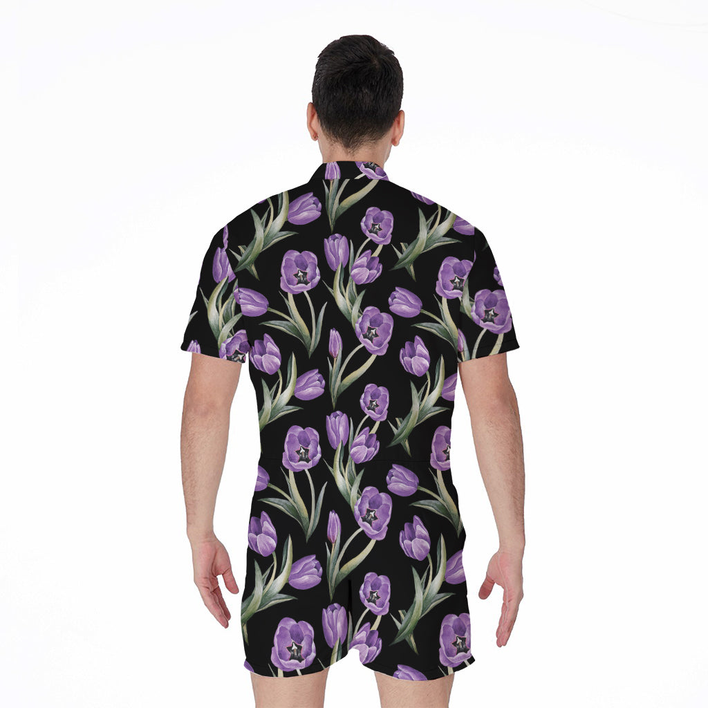 Purple Watercolor Tulip Pattern Print Men's Rompers