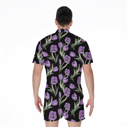 Purple Watercolor Tulip Pattern Print Men's Rompers