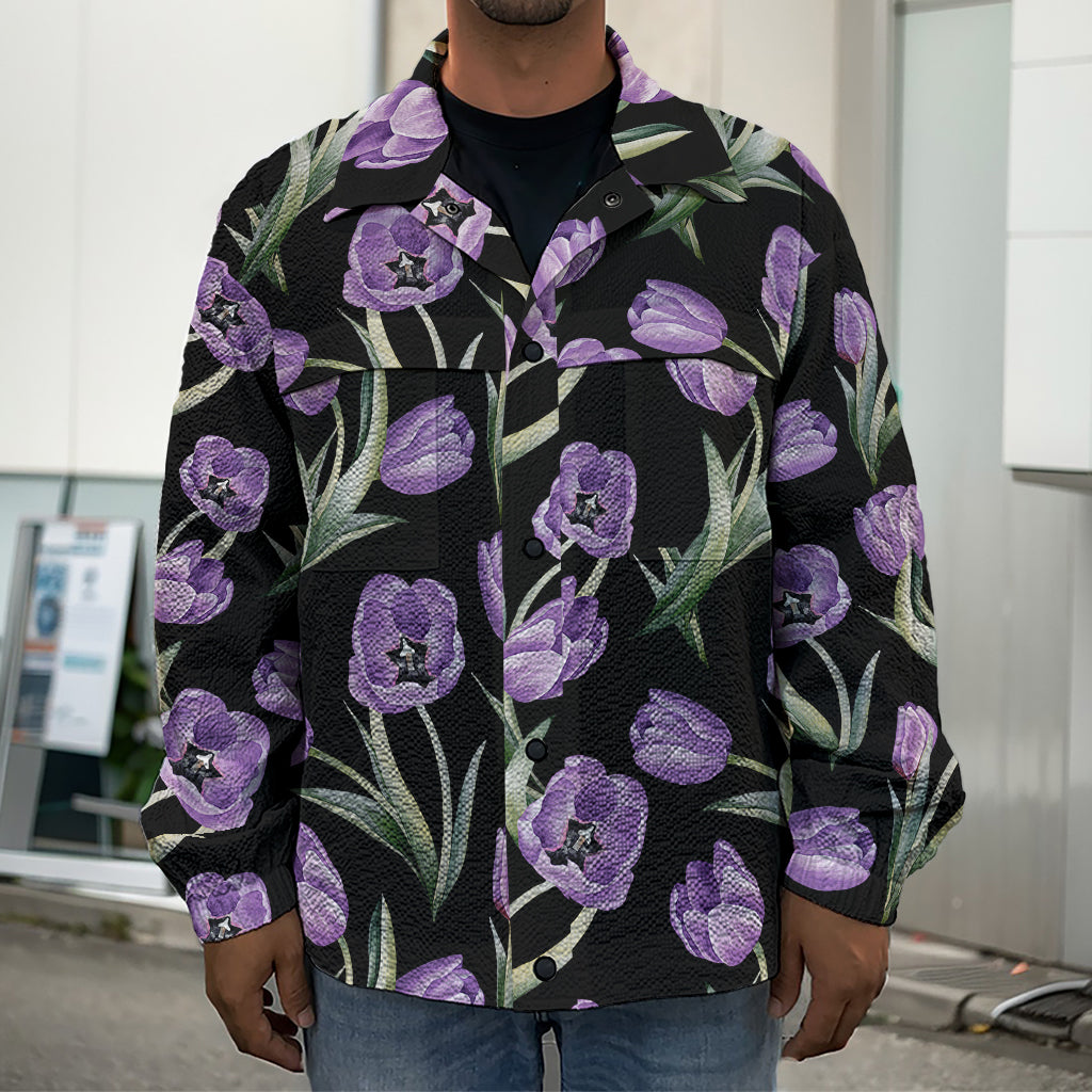 Purple Watercolor Tulip Pattern Print Men's Shirt Jacket