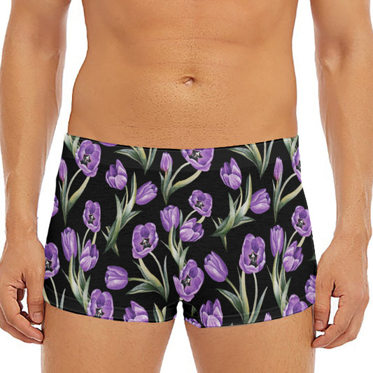 Purple Watercolor Tulip Pattern Print Men's Short Boxer Briefs