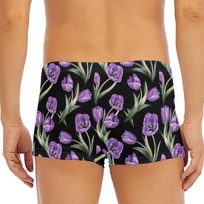 Purple Watercolor Tulip Pattern Print Men's Short Boxer Briefs