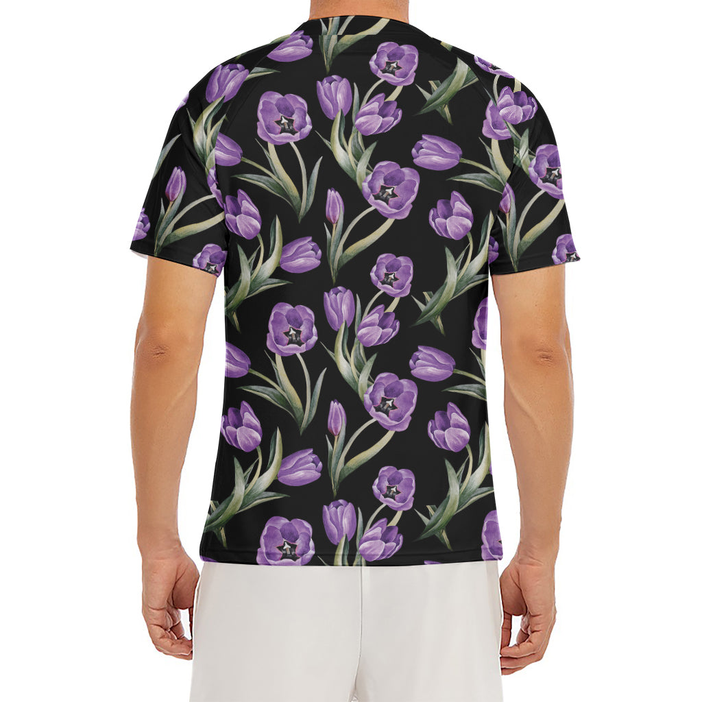 Purple Watercolor Tulip Pattern Print Men's Short Sleeve Rash Guard