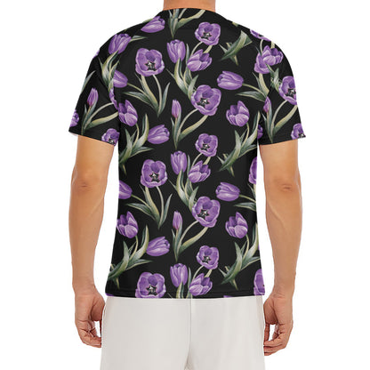 Purple Watercolor Tulip Pattern Print Men's Short Sleeve Rash Guard