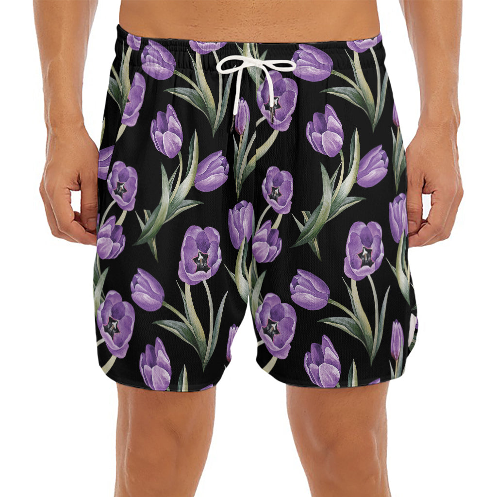 Purple Watercolor Tulip Pattern Print Men's Split Running Shorts