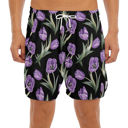 Purple Watercolor Tulip Pattern Print Men's Split Running Shorts