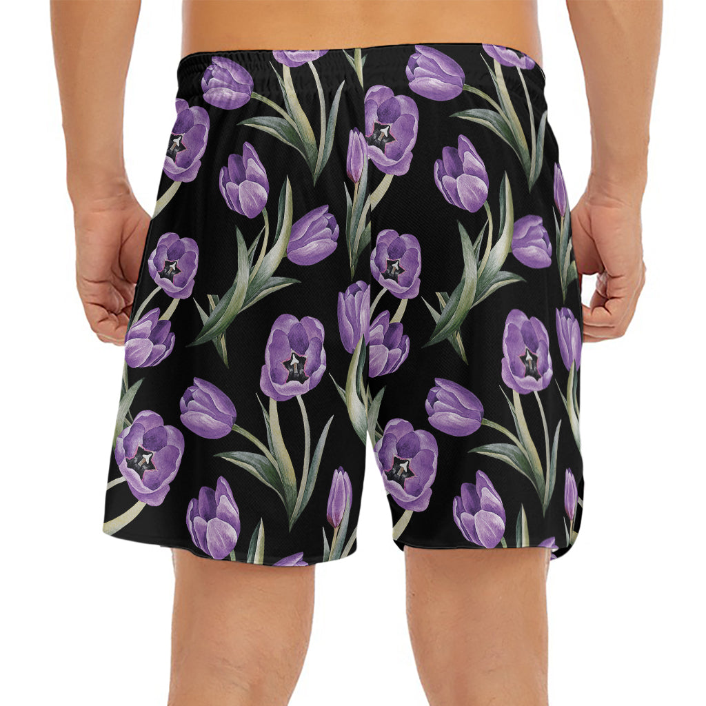 Purple Watercolor Tulip Pattern Print Men's Split Running Shorts