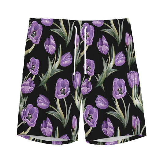 Purple Watercolor Tulip Pattern Print Men's Sports Shorts