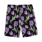 Purple Watercolor Tulip Pattern Print Men's Sports Shorts