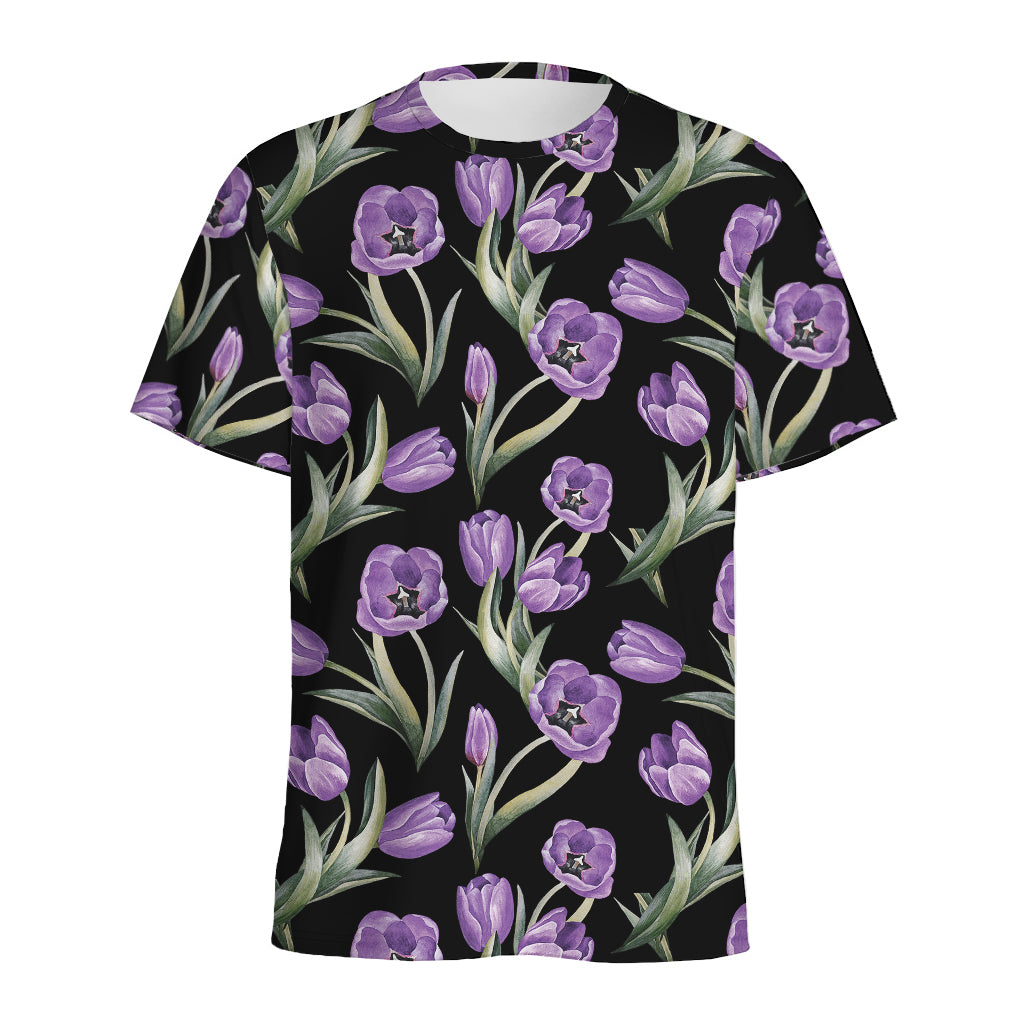 Purple Watercolor Tulip Pattern Print Men's Sports T-Shirt