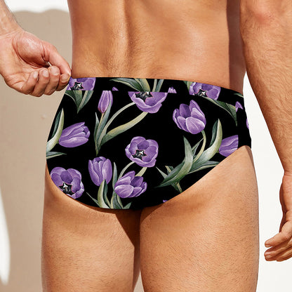 Purple Watercolor Tulip Pattern Print Men's Swim Briefs