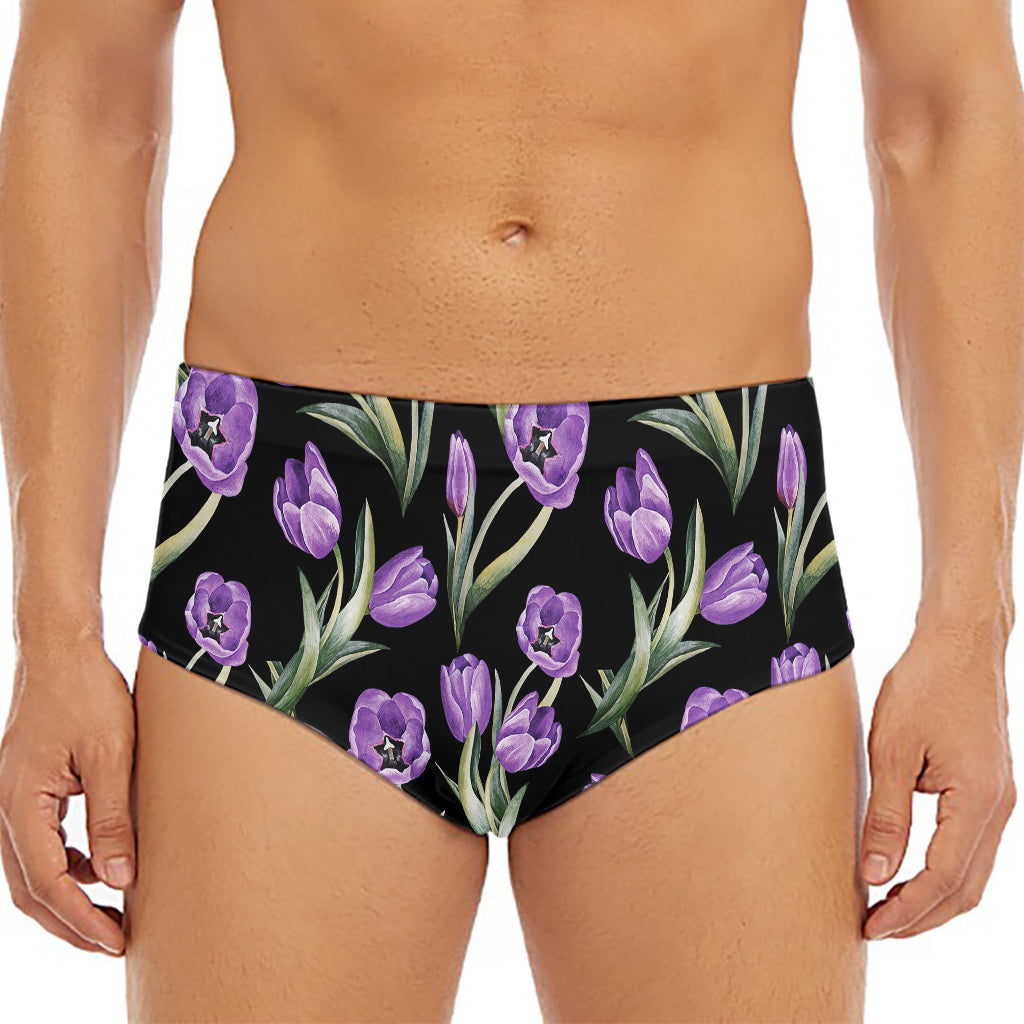 Purple Watercolor Tulip Pattern Print Men's Triangle Swim Briefs