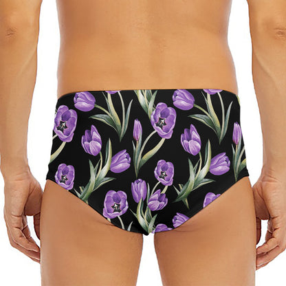 Purple Watercolor Tulip Pattern Print Men's Triangle Swim Briefs