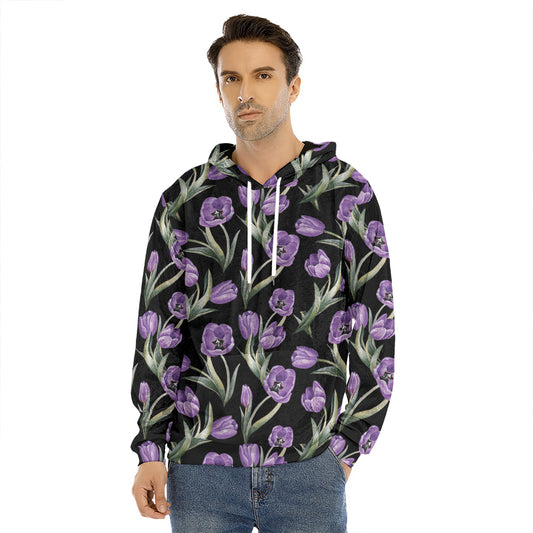 Purple Watercolor Tulip Pattern Print Men's Velvet Pullover Hoodie