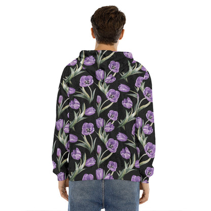 Purple Watercolor Tulip Pattern Print Men's Velvet Pullover Hoodie