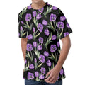 Purple Watercolor Tulip Pattern Print Men's Velvet T-Shirt