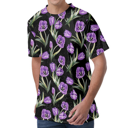 Purple Watercolor Tulip Pattern Print Men's Velvet T-Shirt