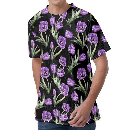 Purple Watercolor Tulip Pattern Print Men's Velvet T-Shirt