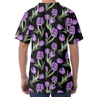 Purple Watercolor Tulip Pattern Print Men's Velvet T-Shirt