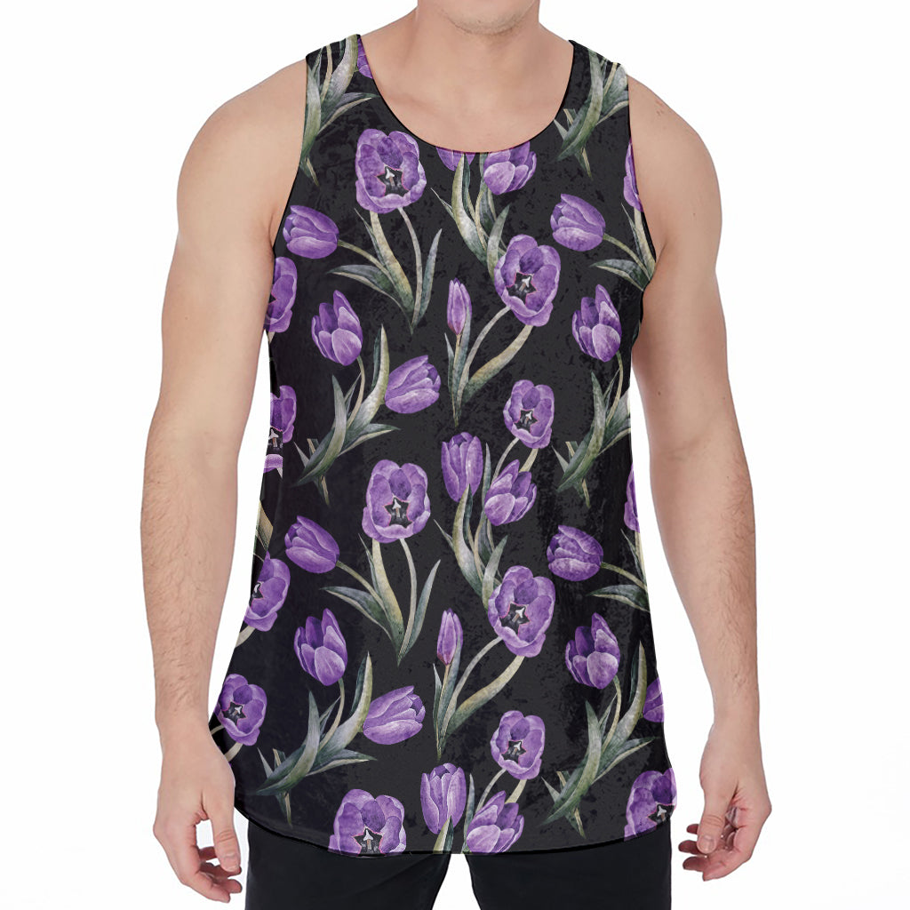 Purple Watercolor Tulip Pattern Print Men's Velvet Tank Top