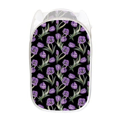 Purple Watercolor Tulip Pattern Print Mesh Laundry Hamper