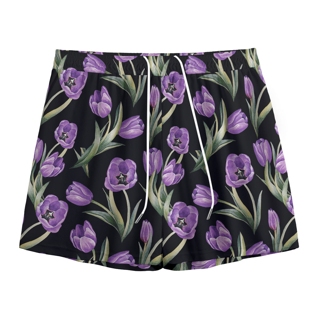 Purple Watercolor Tulip Pattern Print Mesh Shorts