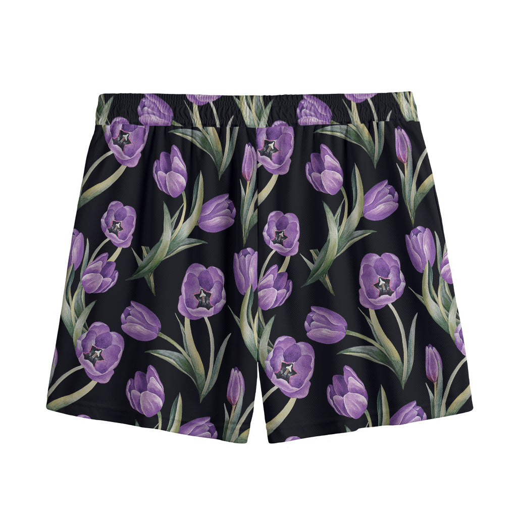 Purple Watercolor Tulip Pattern Print Mesh Shorts