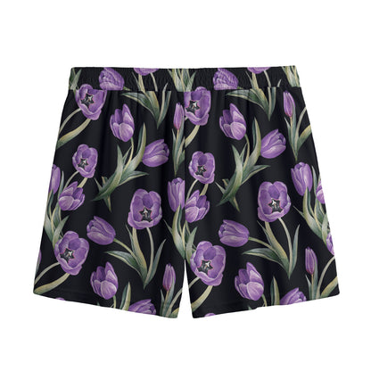 Purple Watercolor Tulip Pattern Print Mesh Shorts
