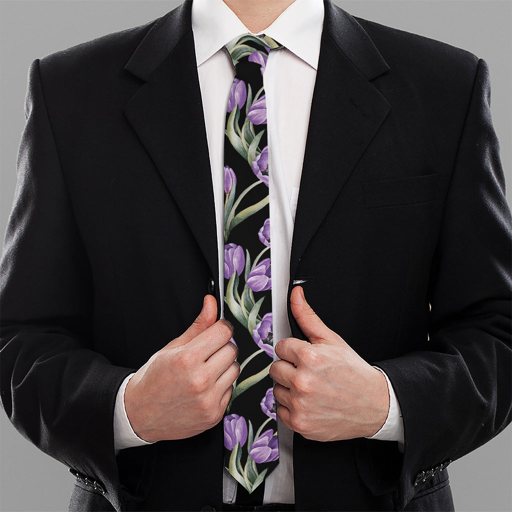 Purple Watercolor Tulip Pattern Print Necktie